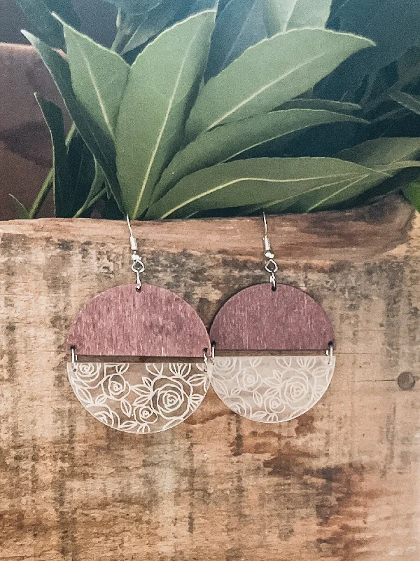 Hoop earrings with floral motifs for a feminine and nature-inspired look-Wood Acrylic Rose Flower Earrings