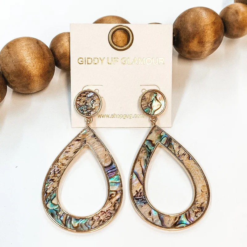 Best hoop earrings with braided leather for a rustic, stylish finish-Abalone Shell Teardrop Hoop Earrings with Gold Accents