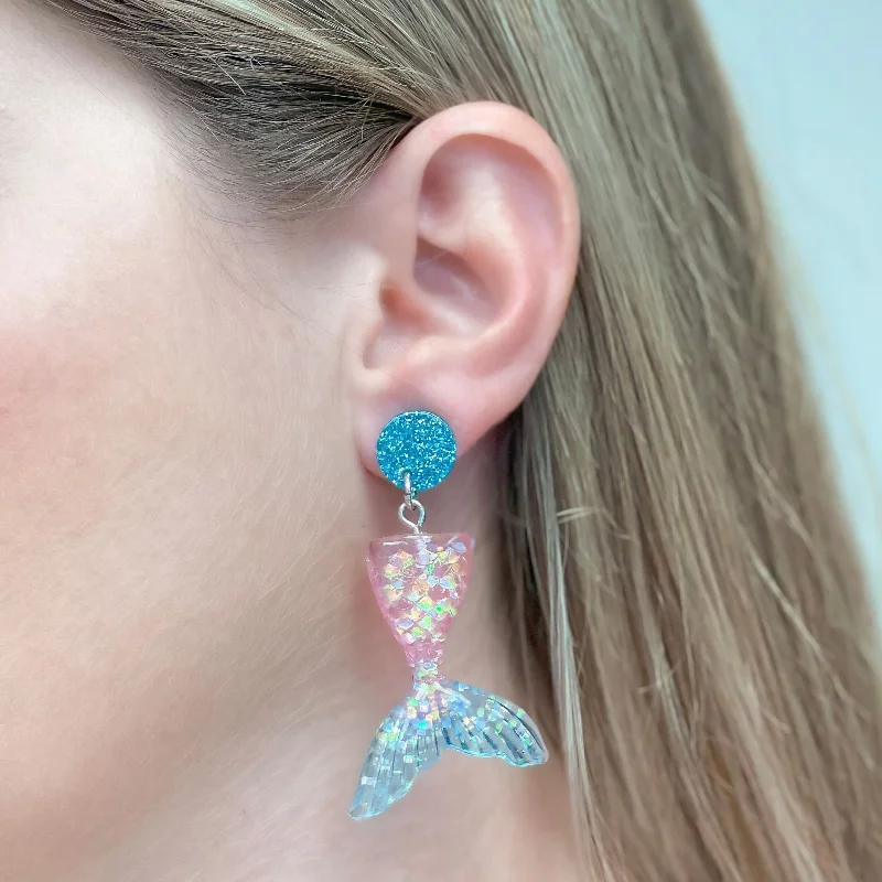 Best hoop earrings with asymmetrical designs for a fashion-forward, avant-garde look-Acrylic Glitter Mermaid Dangle Earrings - Pink