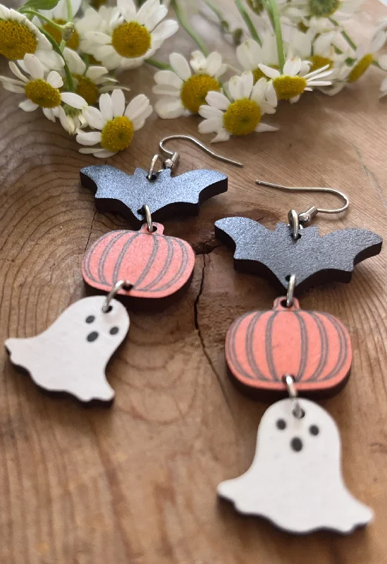 Hoop earrings with crescent moon shapes for a celestial and mystical appearance-Adorable Wooden Halloween Earrings