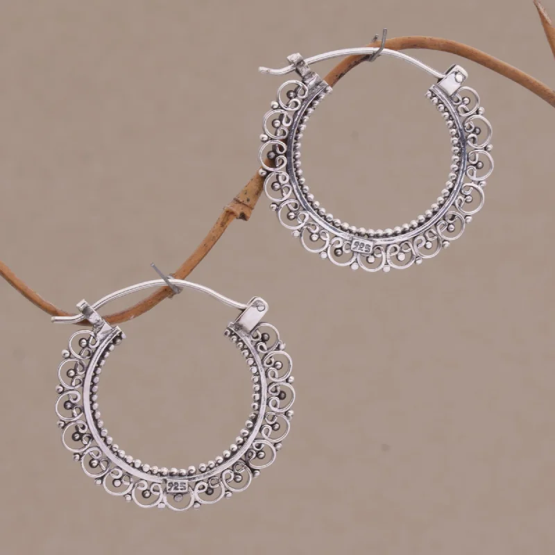 Hoop earrings with resin accents for a bold and colorful design-Balinese Lace Sterling Silver Hoop Earrings