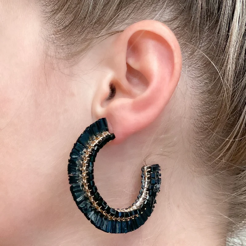 Hoop earrings with multi-tone finishes for a colorful and layered effect-Beaded Raffia Hoop Earrings - Black