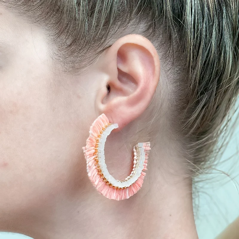 Best hoop earrings with matching bracelets for a coordinated jewelry set-Beaded Raffia Hoop Earrings - Coral