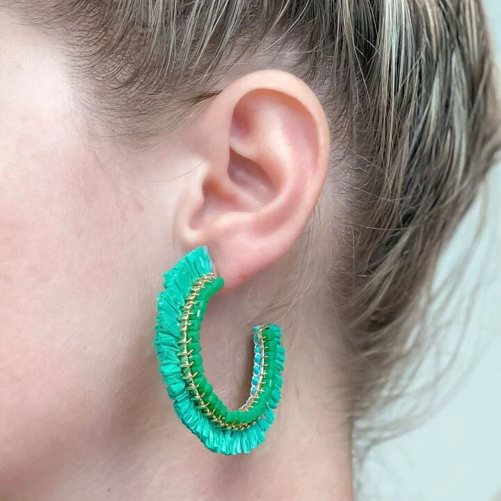 Best hoop earrings with oval shapes for a unique and elongated design-Beaded Raffia Hoop Earrings - Green