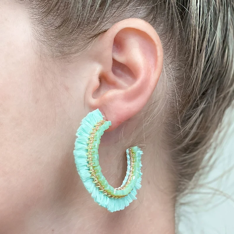 Hoop earrings with open designs for a modern, lighthearted vibe-Beaded Raffia Hoop Earrings - Mint