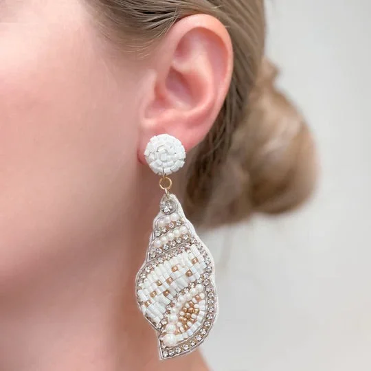 Best hoop earrings with minimalist designs for a clean and modern aesthetic-Beaded Rhinestone Shell Dangle Earrings - White