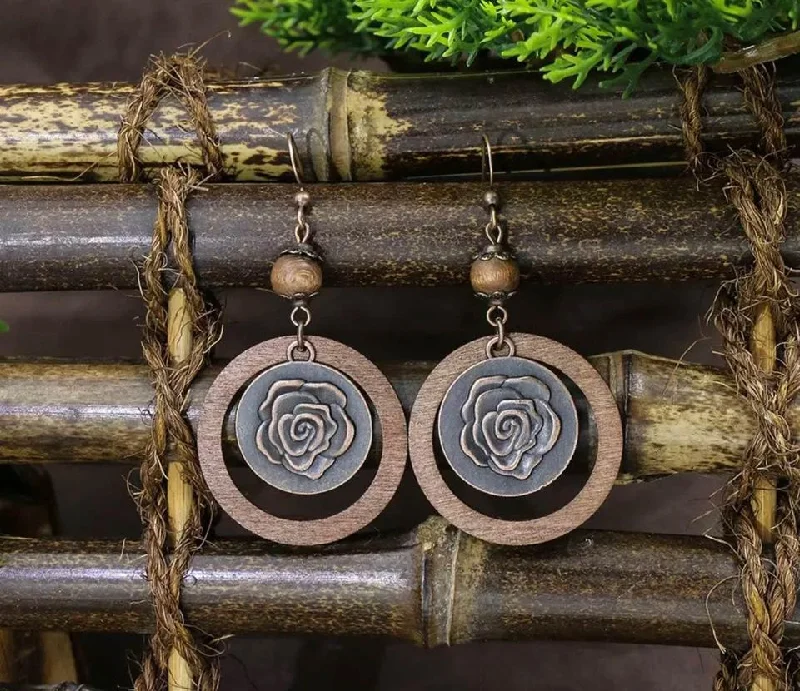 Best hoop earrings with rose gold for a romantic and warm aesthetic-Beautiful Rustic Wood Rose Earrings