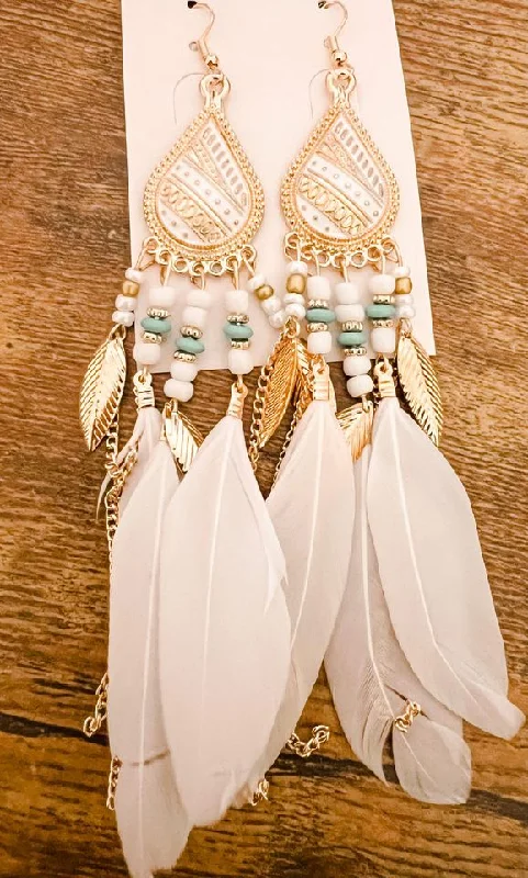 Best hoop earrings with multi-colored gemstones for a vibrant and lively touch-Beautiful White Boho Feather Earrings