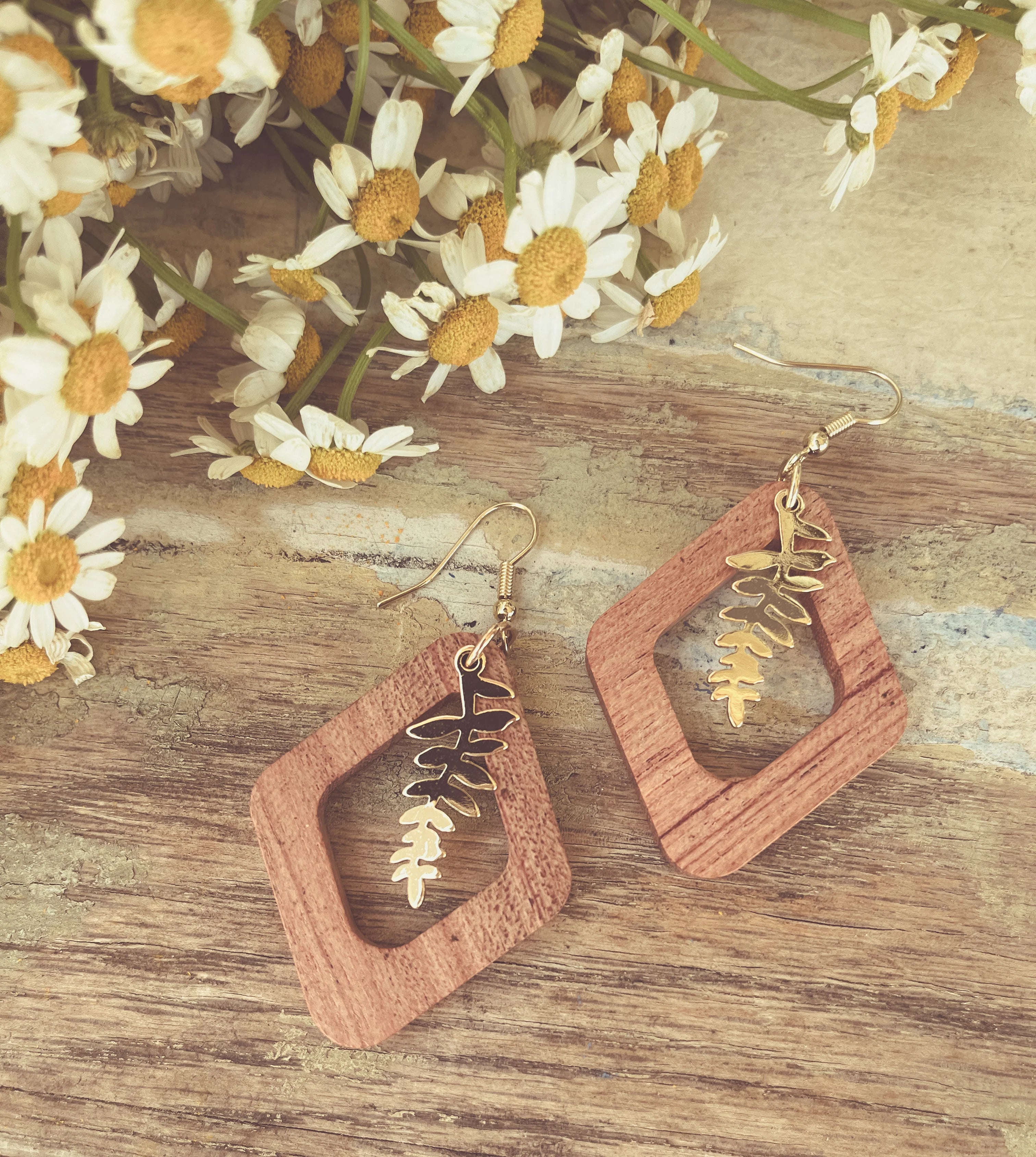 Classic hoop earrings with a thin profile for a sleek and subtle style-Beautiful Gold Leaf Wood Earrings