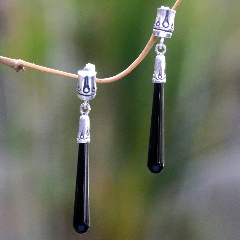 Large hoop earrings for a bold and statement-making fashion accessory-Black Wand Artisan Crafted Onyx and Sterling Silver Dangle Earrings