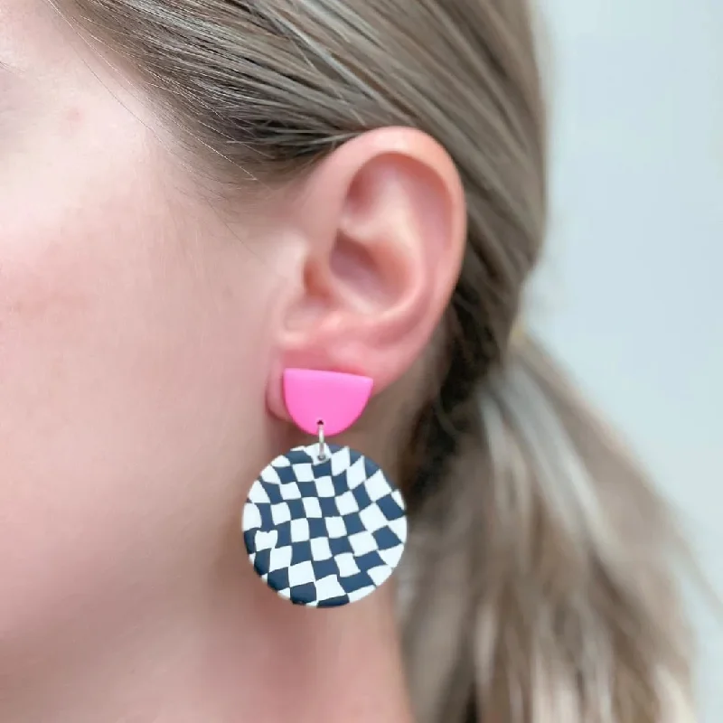 Best hoop earrings with gold-plated finishes for an affordable luxury vibe-Black, White & Pink Geometric Clay Dangles - Checkered