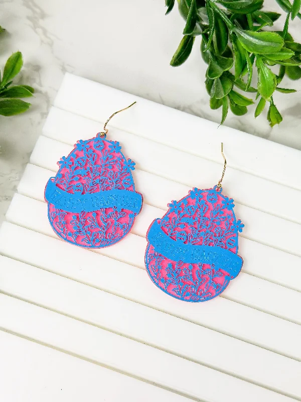 Best hoop earrings with minimal embellishments for a sleek and modern look-Blooming Floral 'Happy Easter' Egg Dangle Earrings - Blue