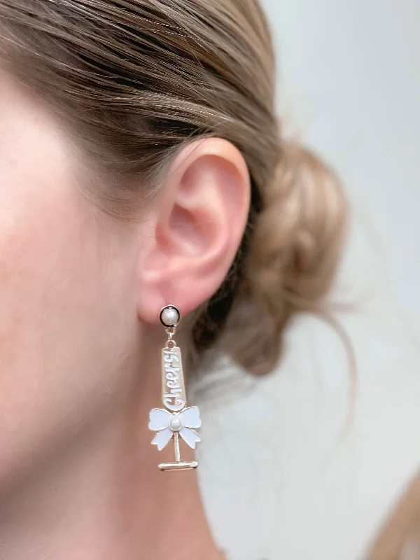 Best hoop earrings with custom designs for a personalized, unique accessory-'Cheers!' Pearl Detail Champagne Flute Dangles - White