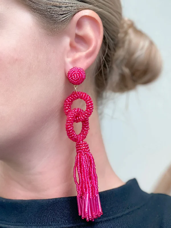 Best hoop earrings with gold-plated finishes for an affordable luxury vibe-Seed Bead Linked Tassel Earrings - Hot Pink