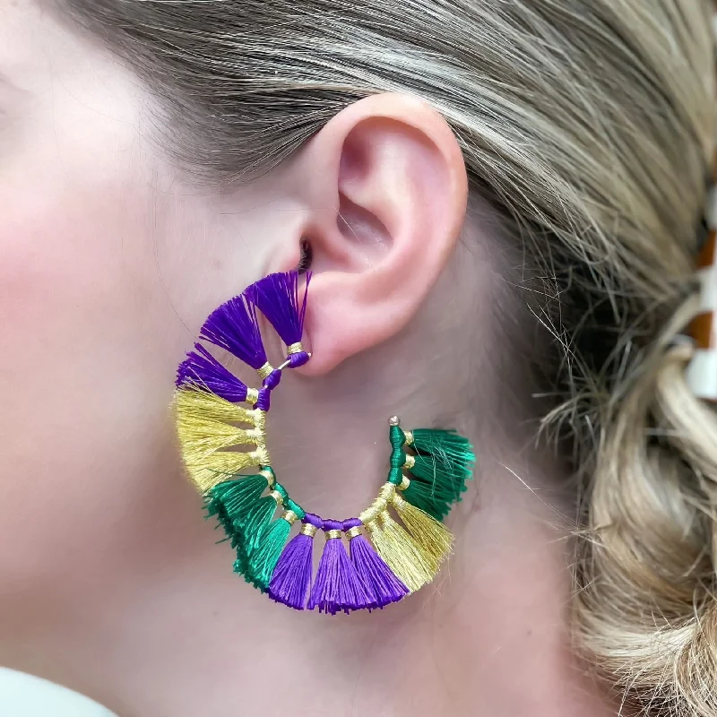 Hoop earrings with twisted metal designs for a dynamic and modern style-Mardi Gras Fringe Hoop Earrings