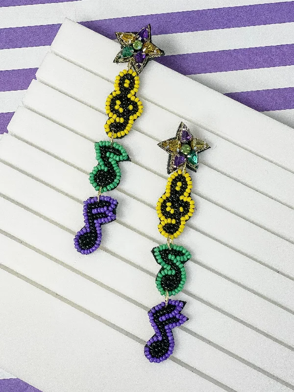 Best hoop earrings with geometric shapes for a modern and artistic appeal-Mardi Gras Music Note Trio Beaded Dangle Earrings