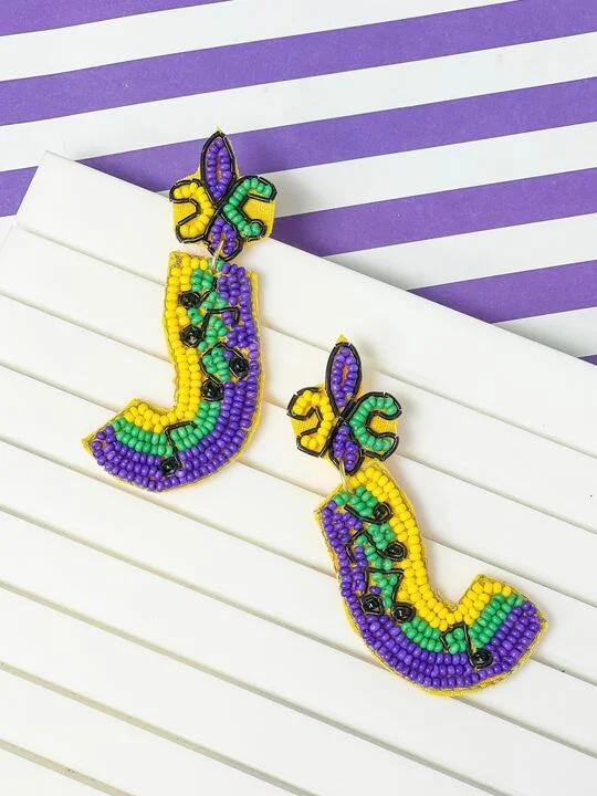 Hoop earrings with a matte finish for a sleek and sophisticated appearance-Mardi Gras Music Note Beaded Dangle Earrings