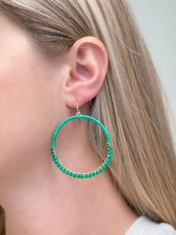 Best hoop earrings with blackened metal for an edgy and bold appearance-Skinny Open Beaded Dangle Earrings - Green