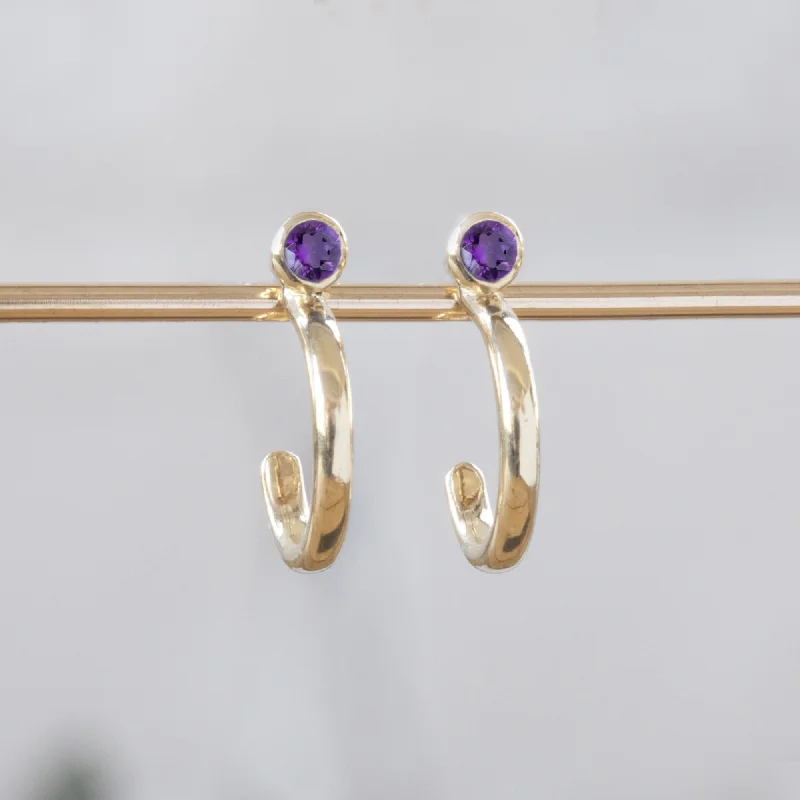 Hoop earrings with spiral designs for a dynamic and fluid look-Custom Amethyst Birthstone Hoop Earrings | 14K Yellow Gold