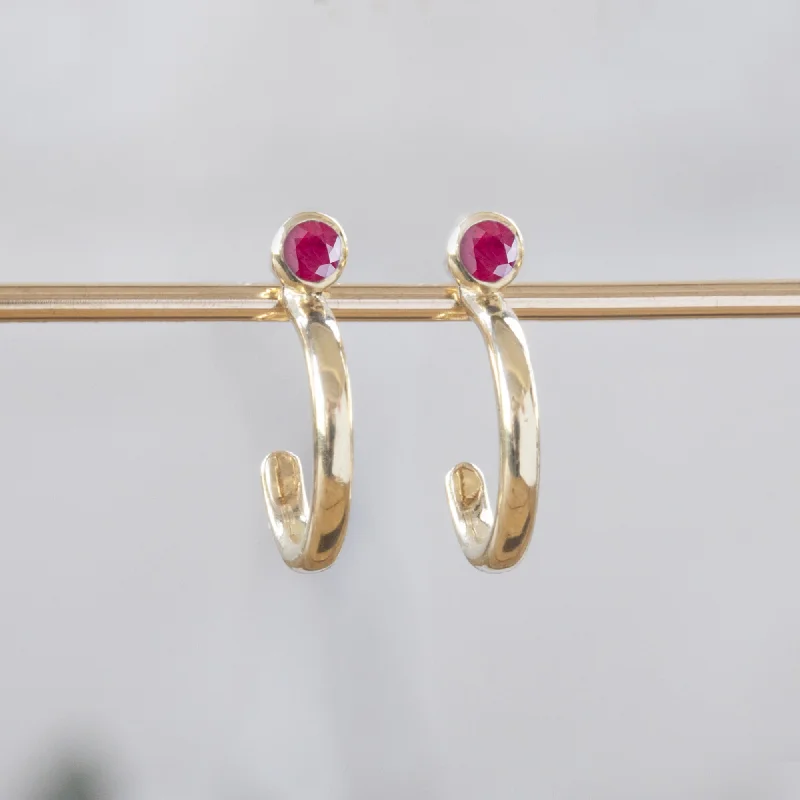 Best hoop earrings with marbled designs for a trendy and artistic effect-Custom Ruby Birthstone Hoop Earrings | 14K Yellow Gold