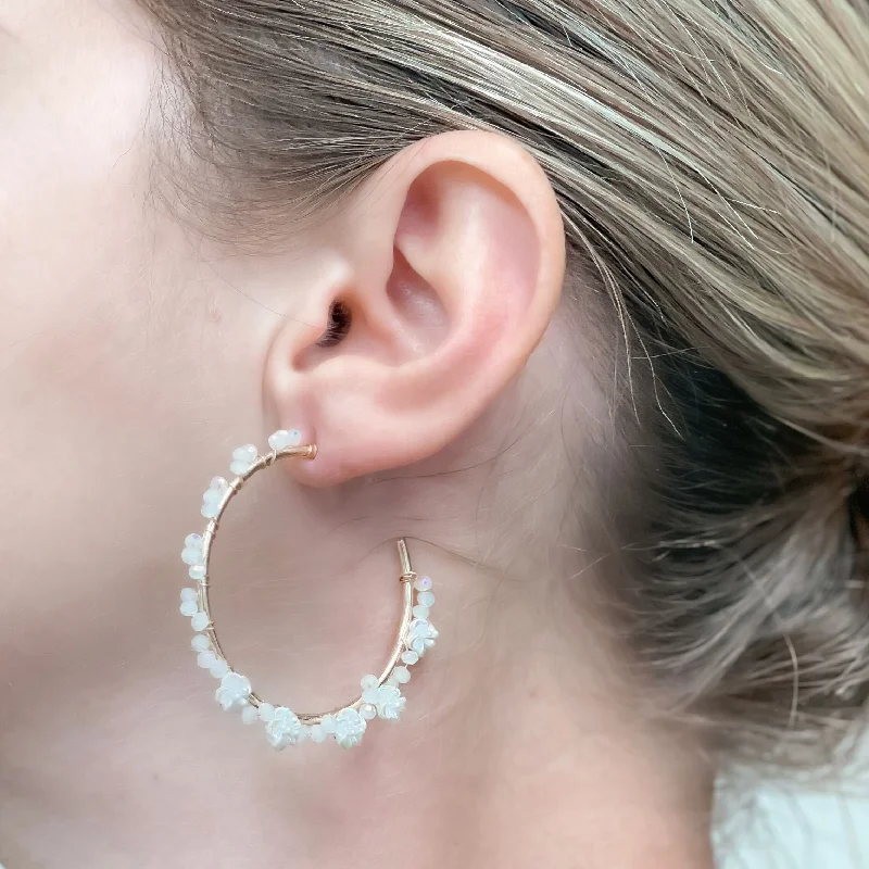 Stylish hoop earrings with diamond accents for an elegant and sparkling effect-Dainty White Flower Gold Hoop Earrings