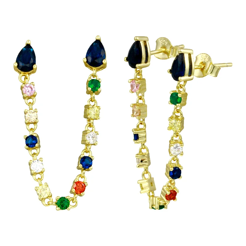 Hoop earrings with multi-tone finishes for a colorful and layered effect-Double Diamond Rainbow Chain Studs