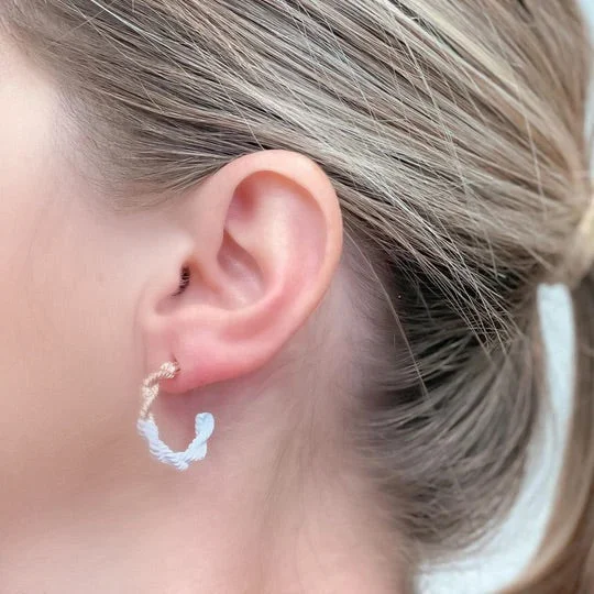 Hoop earrings with rhinestone-studded rims for a glamorous touch-Enamel-Dipped Twisted Gold Hoop Earrings - White