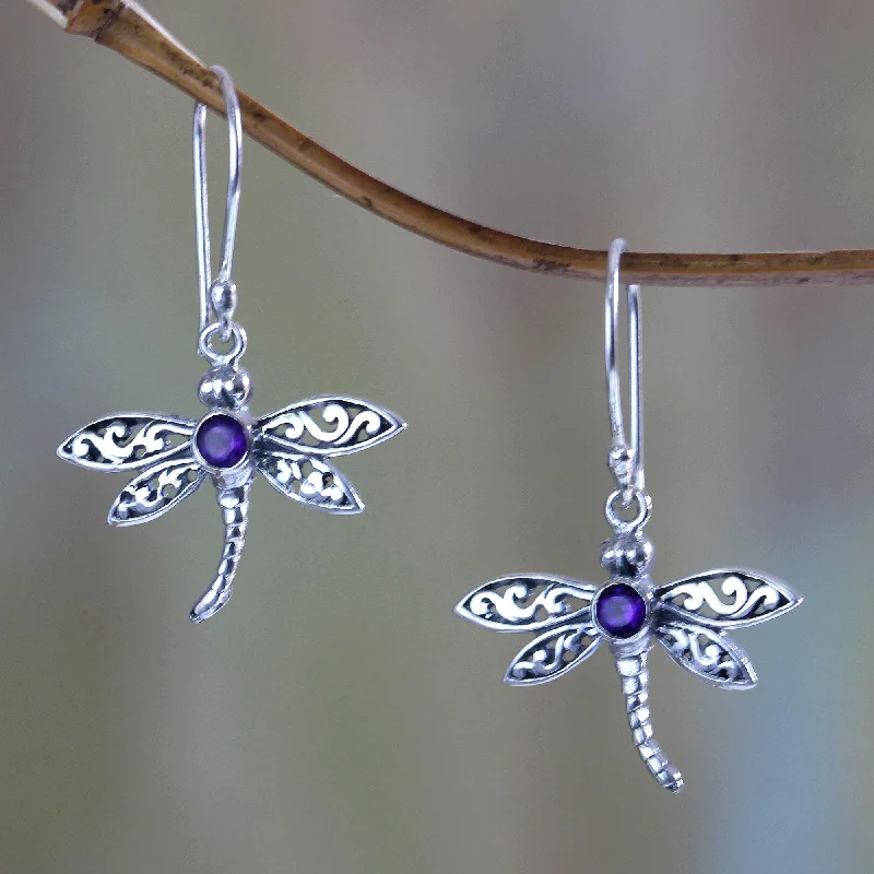 Hoop earrings with textured finishes for a vintage and classic style-Enchanted Dragonfly Sterling Silver & Amethyst Earrings