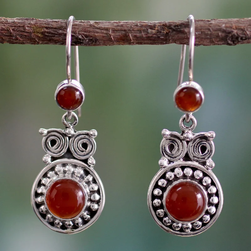 Best hoop earrings with sparkling cubic zirconia for a brilliant, budget-friendly effect-Fire Owl Handcrafted Indian Sterling Silver and Carnelian Earrings