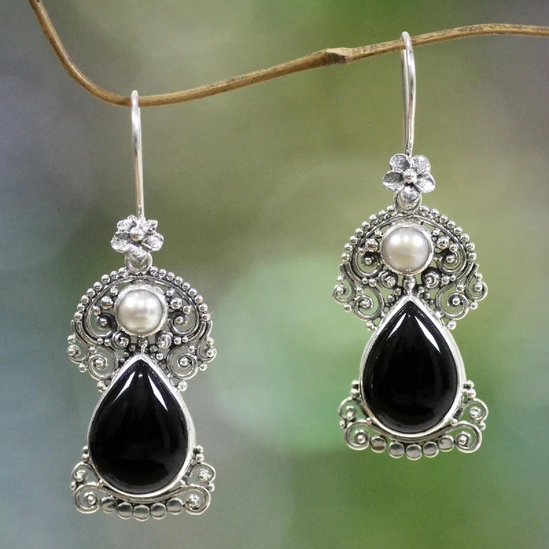 Hoop earrings with artistic filigree designs for an intricate, delicate finish-Frangipani Onyx & Pearl Dangle Earrings