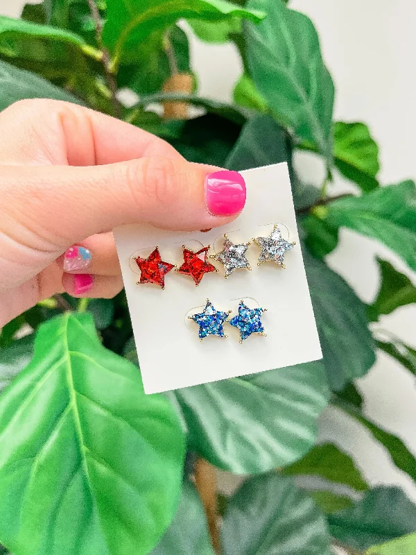 Best hoop earrings with Swarovski crystals for added sparkle and luxury-Glittery Star Stud Set of 3 - Patriotic