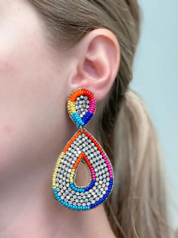 Best hoop earrings with turquoise stones for a bohemian-inspired vibe-Glitzy Seed Bead Teardrop Dangle Earrings - Rainbow