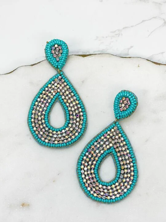 Hoop earrings with dangling charms for a playful and fun look-Glitzy Seed Bead Teardrop Dangle Earrings - Turquoise