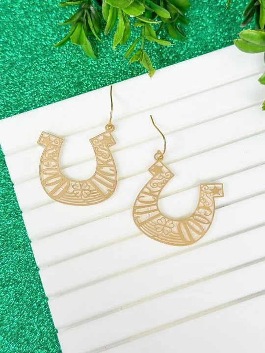 Hoop earrings with artistic filigree designs for an intricate, delicate finish-'Good Luck' Cutout Horseshoe Dangle Earrings