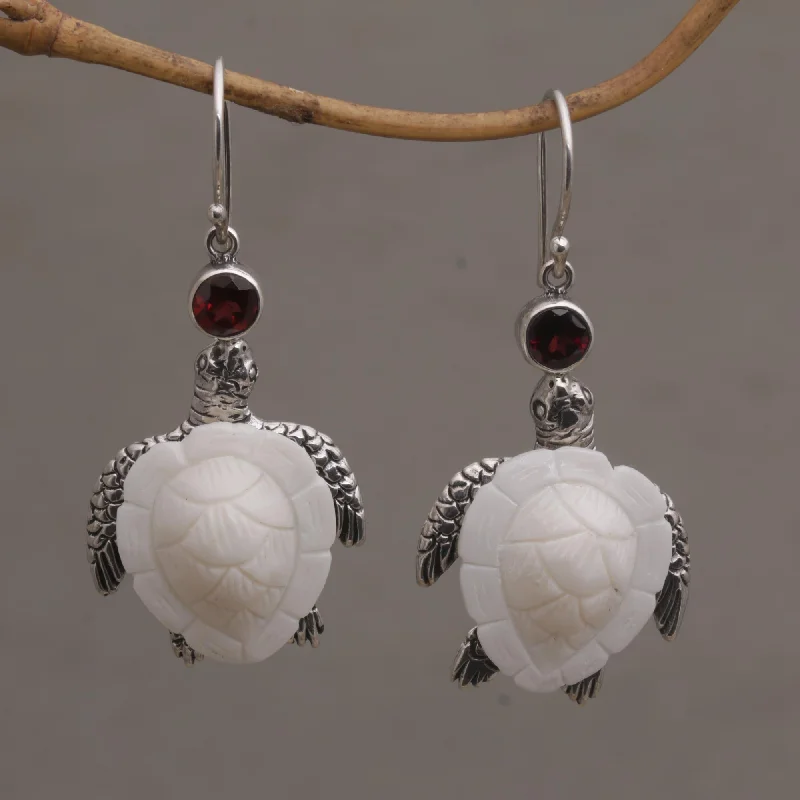 Hoop earrings with luxe velvet finishes for a rich and luxurious touch-Kurma Turtles Garnet Silver & Bone Dangle Earrings