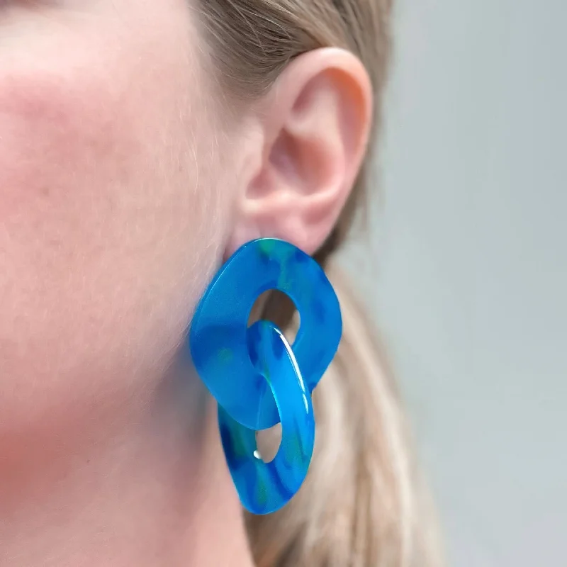 Hoop earrings with leather accents for a sleek and bold combination-Marbled Linked Statement Dangle Earrings - Blue