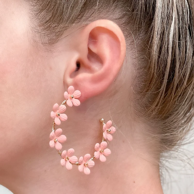 Hoop earrings with artistic filigree designs for an intricate, delicate finish-Matte Flower Hoop Earrings - Pink