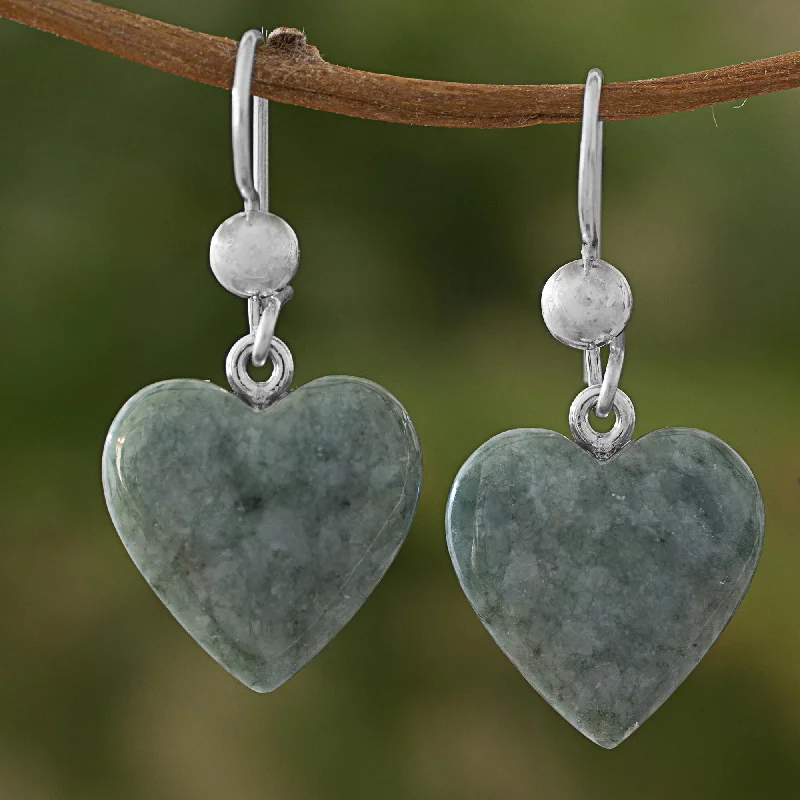 Best hoop earrings with sterling silver for an affordable and chic design-Mayan Heart in Green Green Heart Shaped Jade Silver Dangle Earrings Guatemala