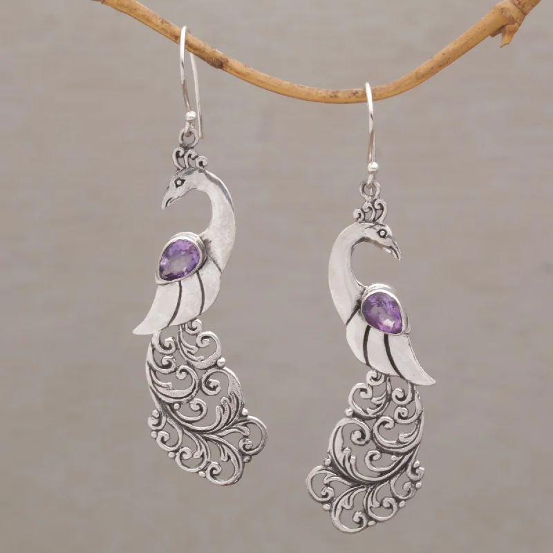 Hoop earrings with polished silver finish for a shiny, modern appeal-Merak Amethyst and Sterling Silver Peafowl Dangle Earrings