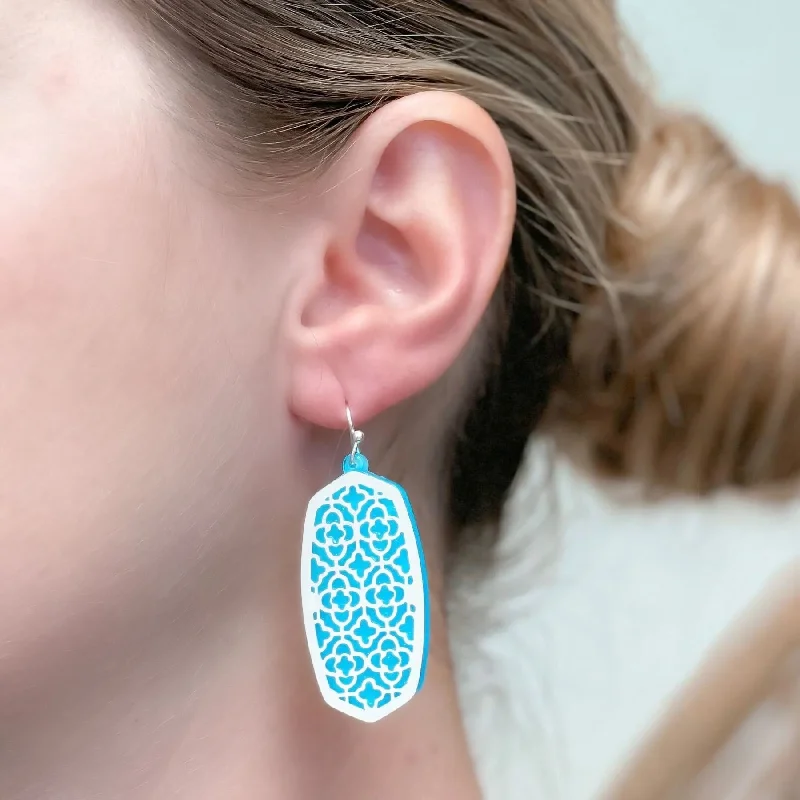 Hoop earrings with floral motifs for a feminine and nature-inspired look-Metal Acrylic Quatrefoil Dangle Earrings - Blue