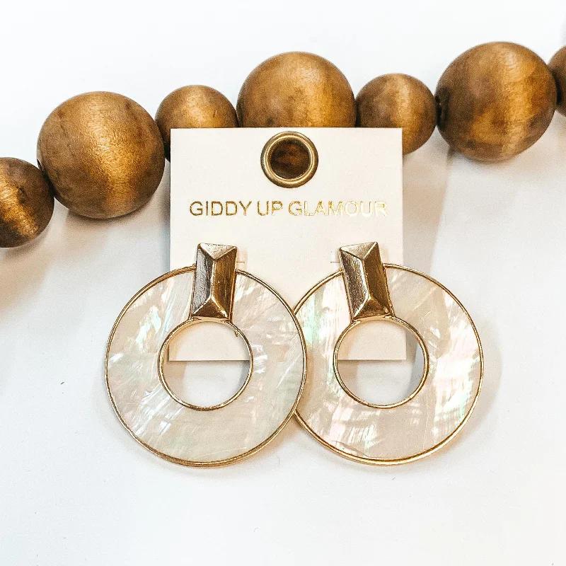 Best hoop earrings with gold-plated finishes for an affordable luxury vibe-Mother of Pearl Shell Cirlce Earrings with Gold Accents