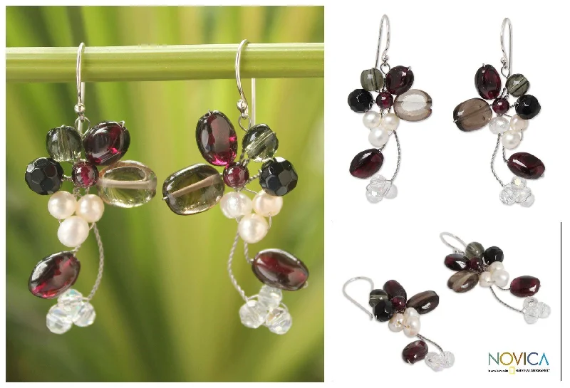 Best hoop earrings with geometric hexagon shapes for a modern, angular look-Pearl & Multi-gem Silver Cluster Earrings