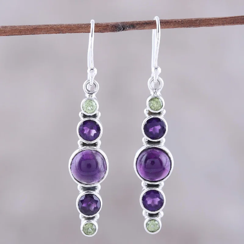 Small hoop earrings for a delicate and understated everyday wear-Peaceful Fusion Amethyst and Peridot Sterling Silver Dangle Earrings