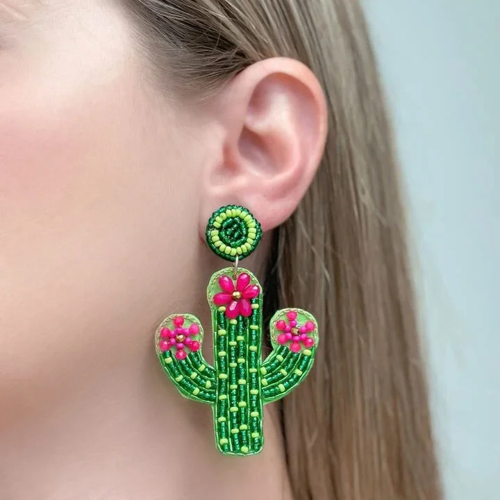 Hoop earrings with cut-out designs for a creative and lightweight effect-Pink Flower Cactus Beaded Dangle Earrings