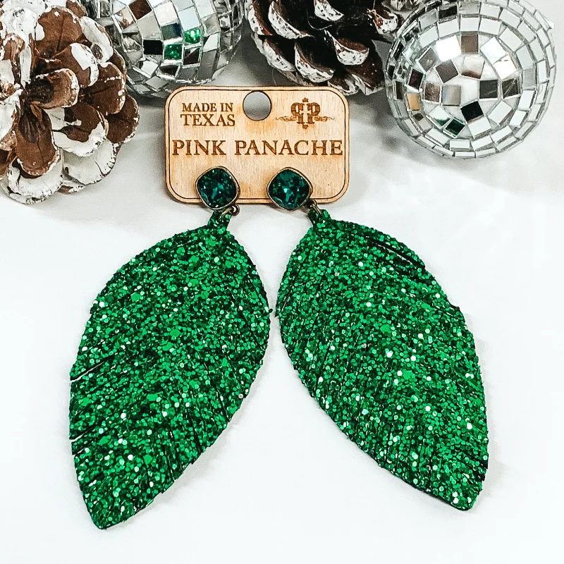 Hoop earrings with a chunky design for a bold and trendy statement-Pink Panache | Green Glitter Feather Earrings on Emerald Cushion Cut Crystals