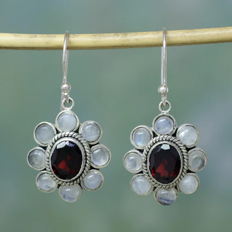 Hoop earrings with resin accents for a bold and colorful design-Pure Radiance Rainbow Moonstone Garnet Sterling Silver Dangle Earrings