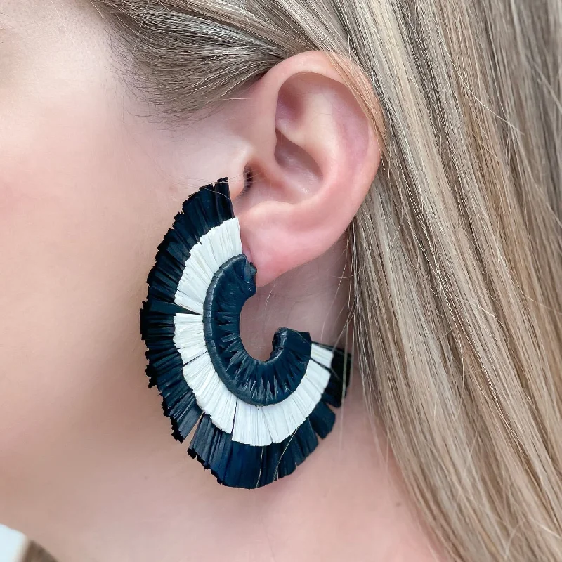 Best hoop earrings with oval shapes for a unique and elongated design-Raffia Fan Hoop Earrings - Black & White