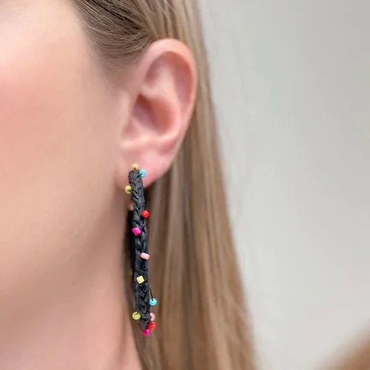 Best hoop earrings with lever-back closures for secure and easy wear-Rainbow Beaded Hoop Earrings - Black