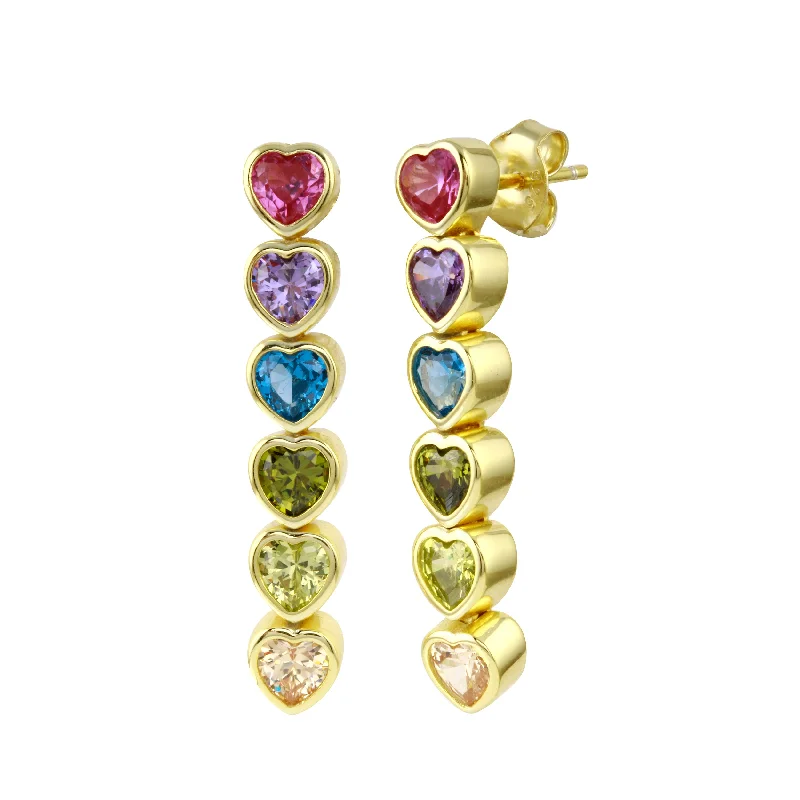 Lightweight hoop earrings for comfortable and all-day wear-Rainbow Bezel Heart Drop Down Earrings