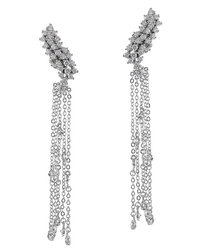 Hoop earrings with snake print designs for an edgy, wild appearance-ROUND CZ CLUSTER CRAWLER  W/CHAIN BEZEL